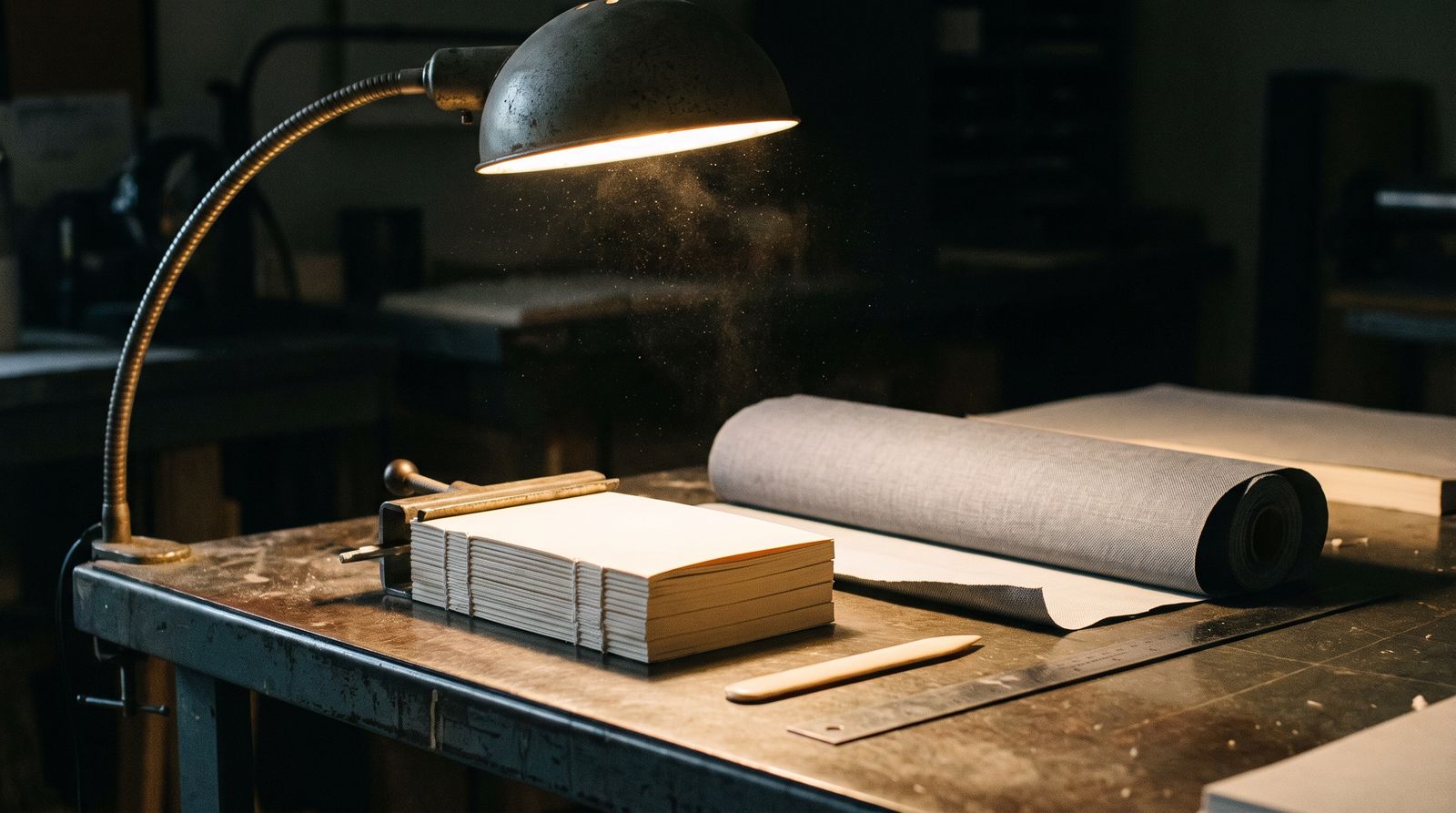 A bindery bench: trimmed book blocks with cream page edges held in a clamp under a work lamp
