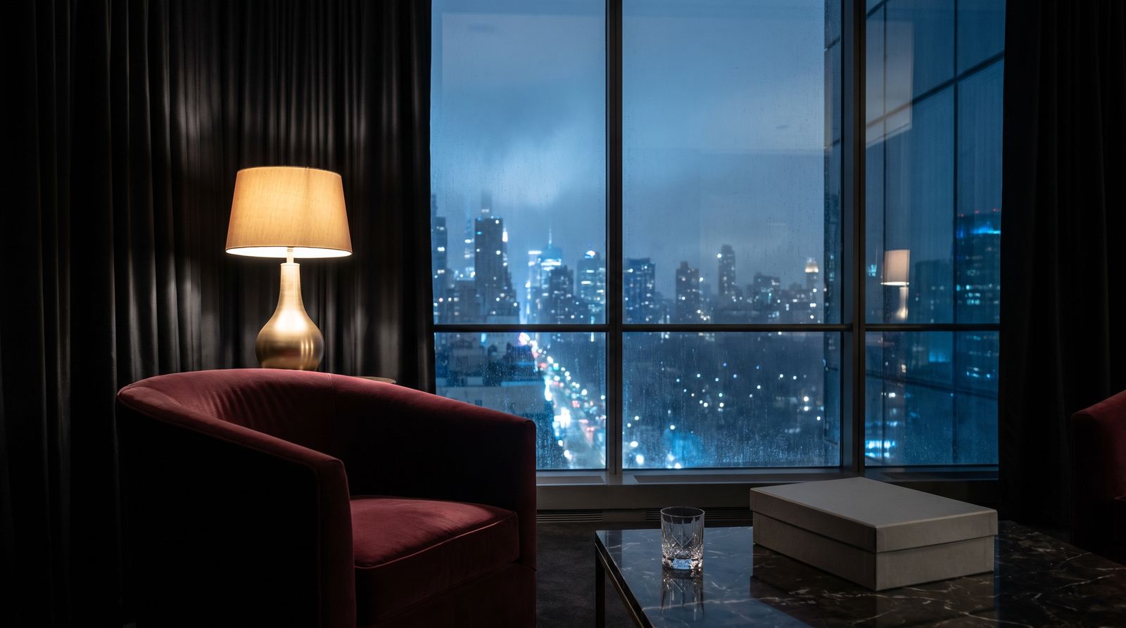 A private Manhattan club room after closing, one lamp lit and the cold blue city through floor-to-ceiling glass