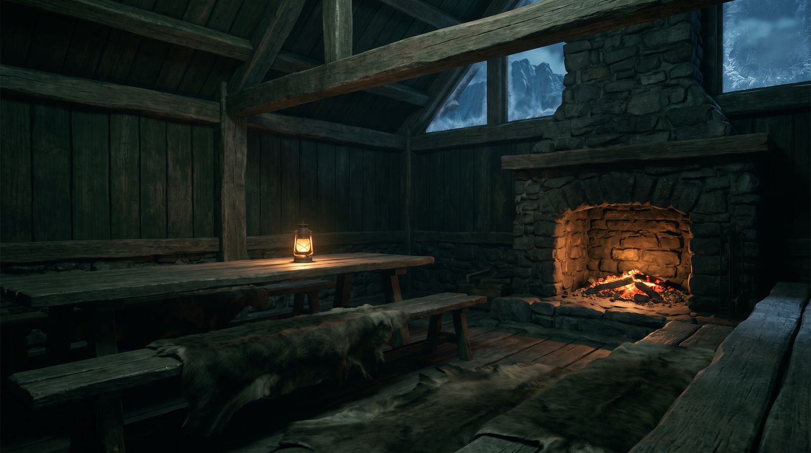 The hall of a timber lodge, fire burned to embers and a frosted window onto a moonlit ridge
