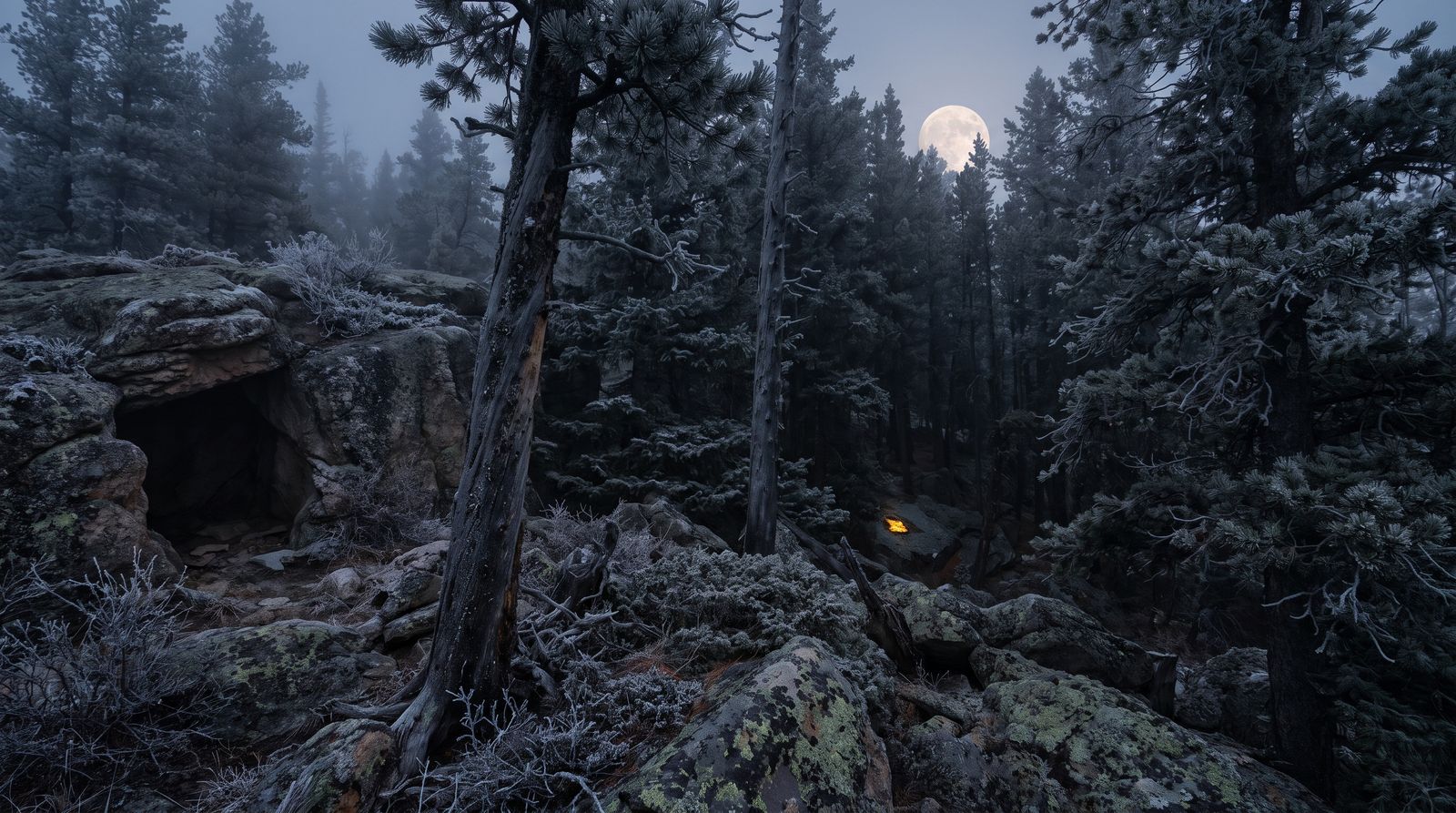 A Montana pine ridge at moonrise, frost on the granite and a dark den mouth in the rock