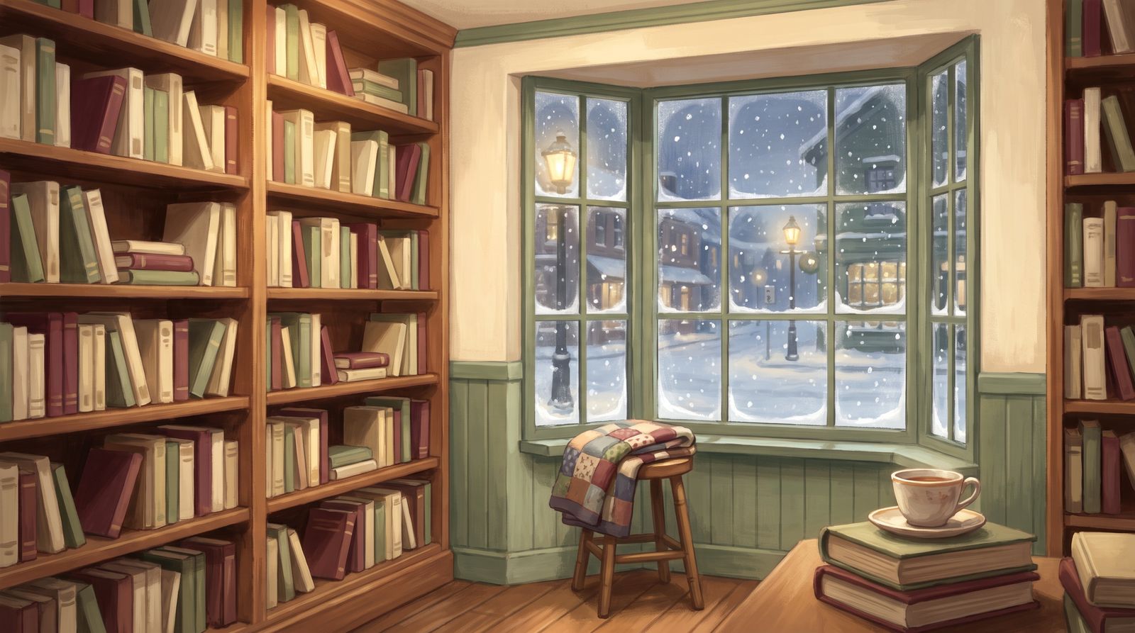 An illustrated Vermont bookshop in winter, crowded shelves and snow falling on a lamplit town green through the bay window