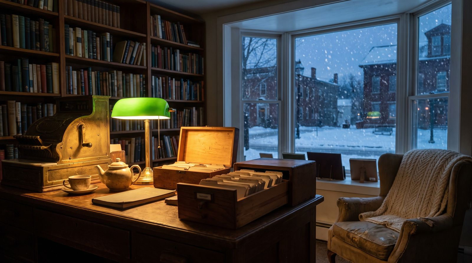 The counter of a Vermont bookshop in winter, a green-shaded lamp and snow past the bay window