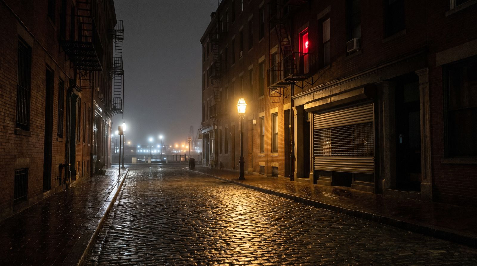 A wet Boston street at night, one gold streetlamp doubled in the cobbles and a red neon sign in an upper window