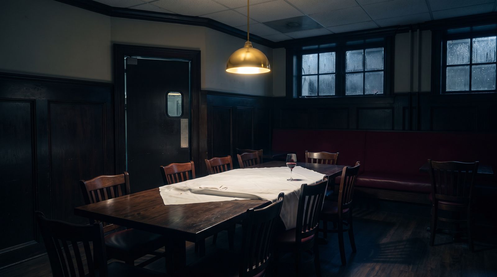 A private Boston dining room after a meeting, chairs pushed back and one pendant lamp still burning