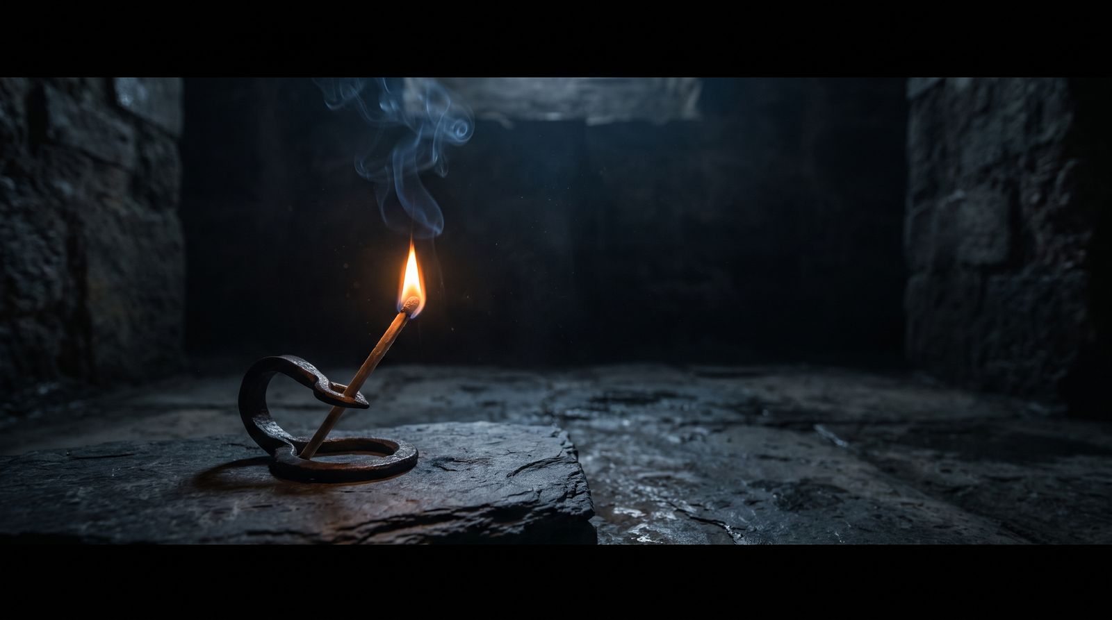 One lit match burning upright on dark slate, the only light in the frame