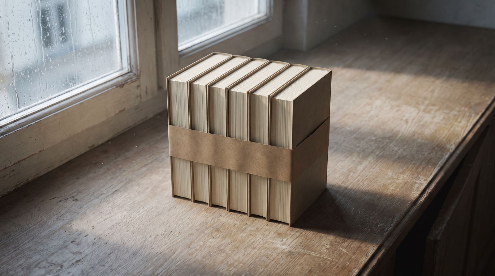 Six books stood together in a row and banded with paper, ready to ship