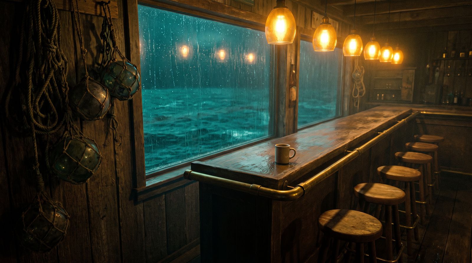 The inside of a dockside bar at closing, amber bulbs over a scarred counter and rain on the window